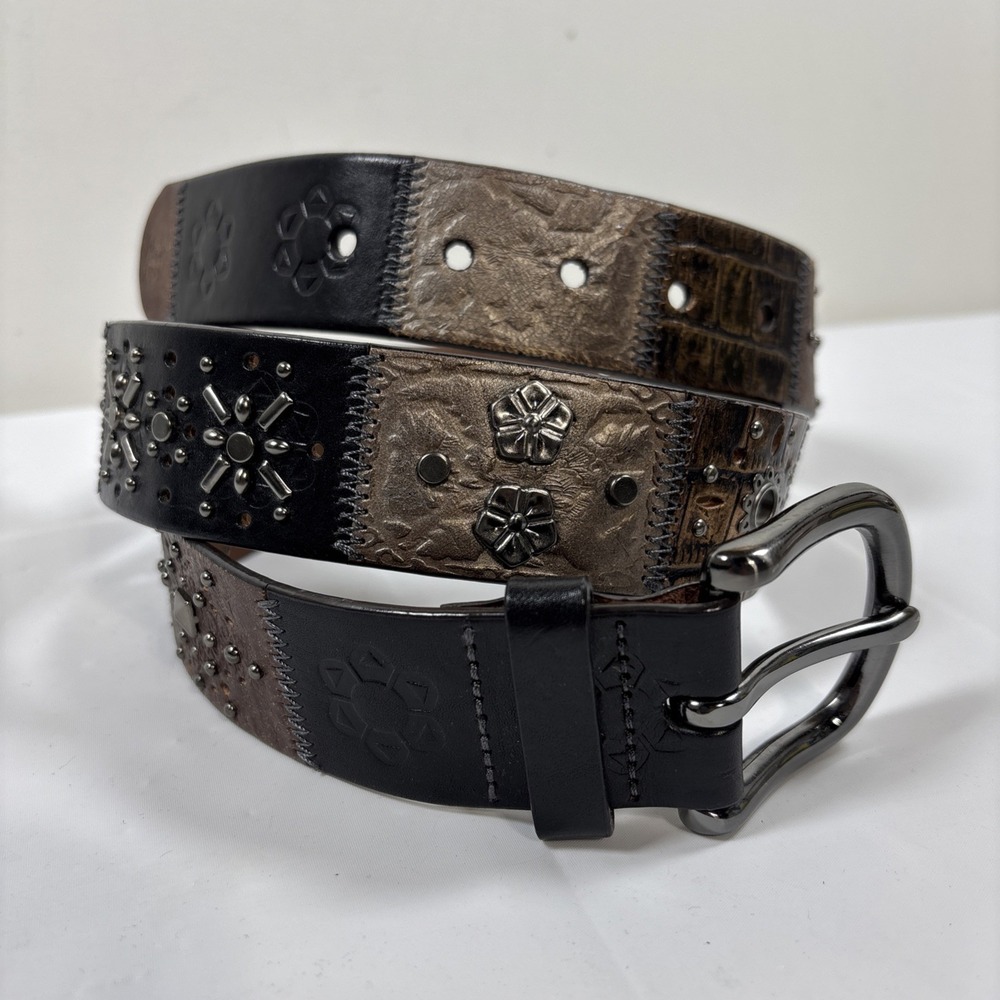 VTG Fossil Leather Belt Patchwork Sz L Floral Studded Cowhide Tooled‎ Y2K Artsy